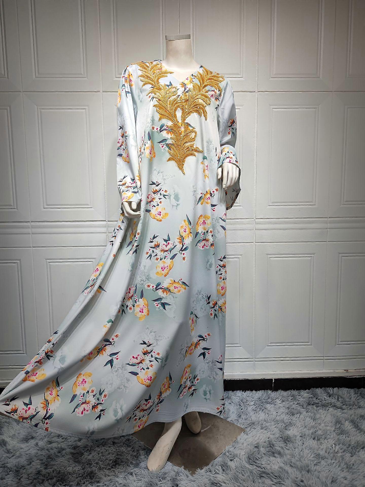 Summer Satin Abaya Dubai Floral Print Jalabiya Arabic Indian Muslim Dress  Women Arabian Party Evening Gown Moroccan Kaftan Islam