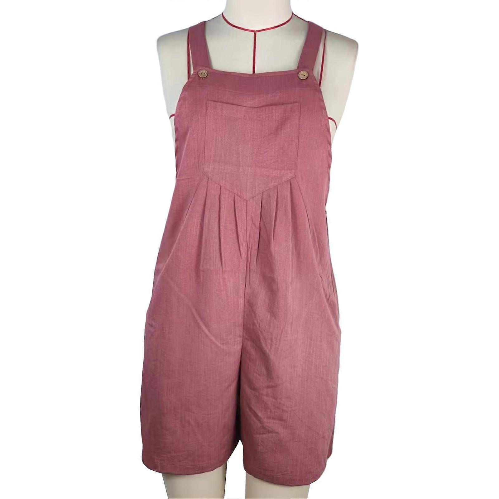 女性カジュアルオーバーオールジャンプスーツショーツルーズボタンサマーオーバーオールポケット付きショーツローズピンクM