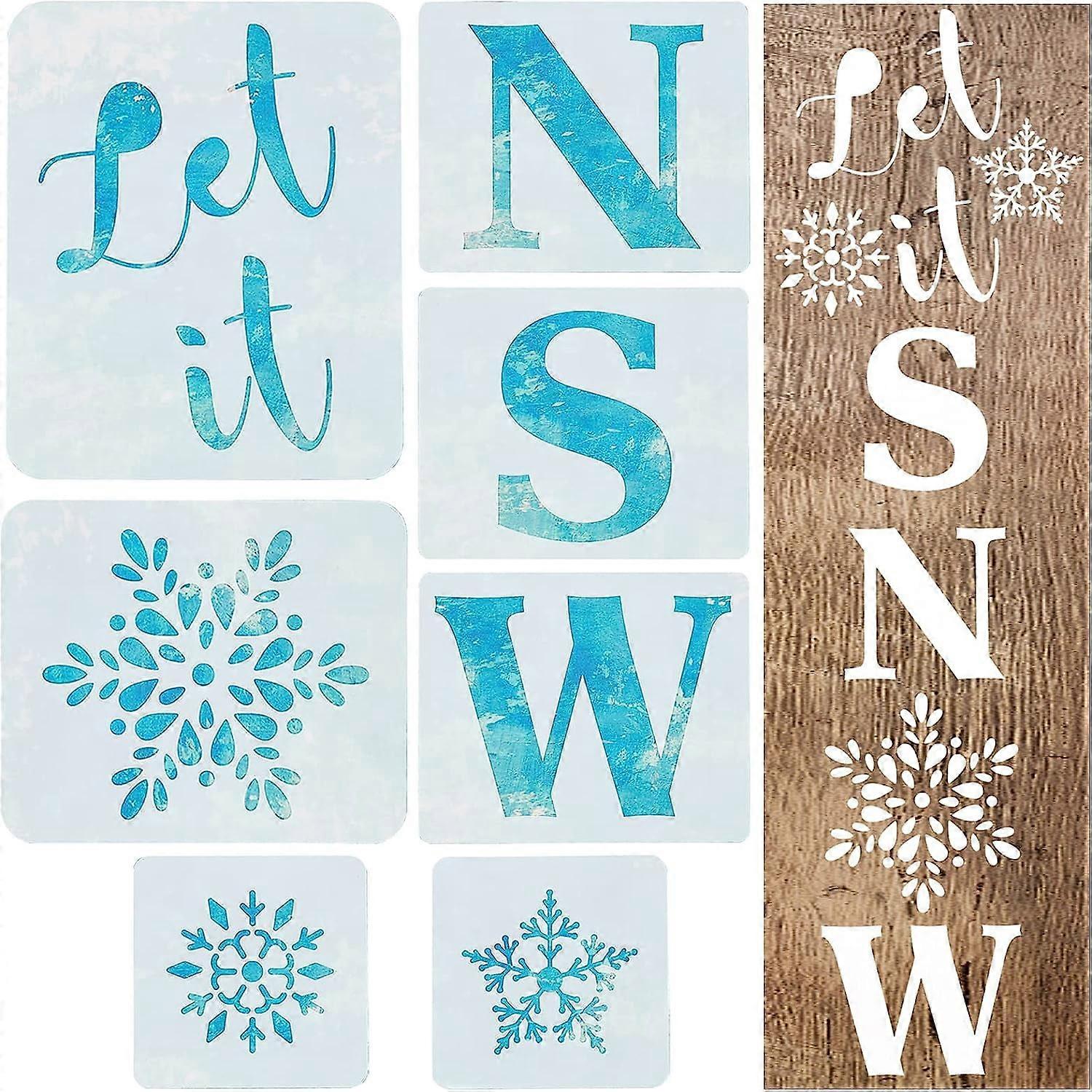 7PCS 1 Set Let It Snow Stencils Reusable Porch Sign Large Christmas Snowflake Stencil