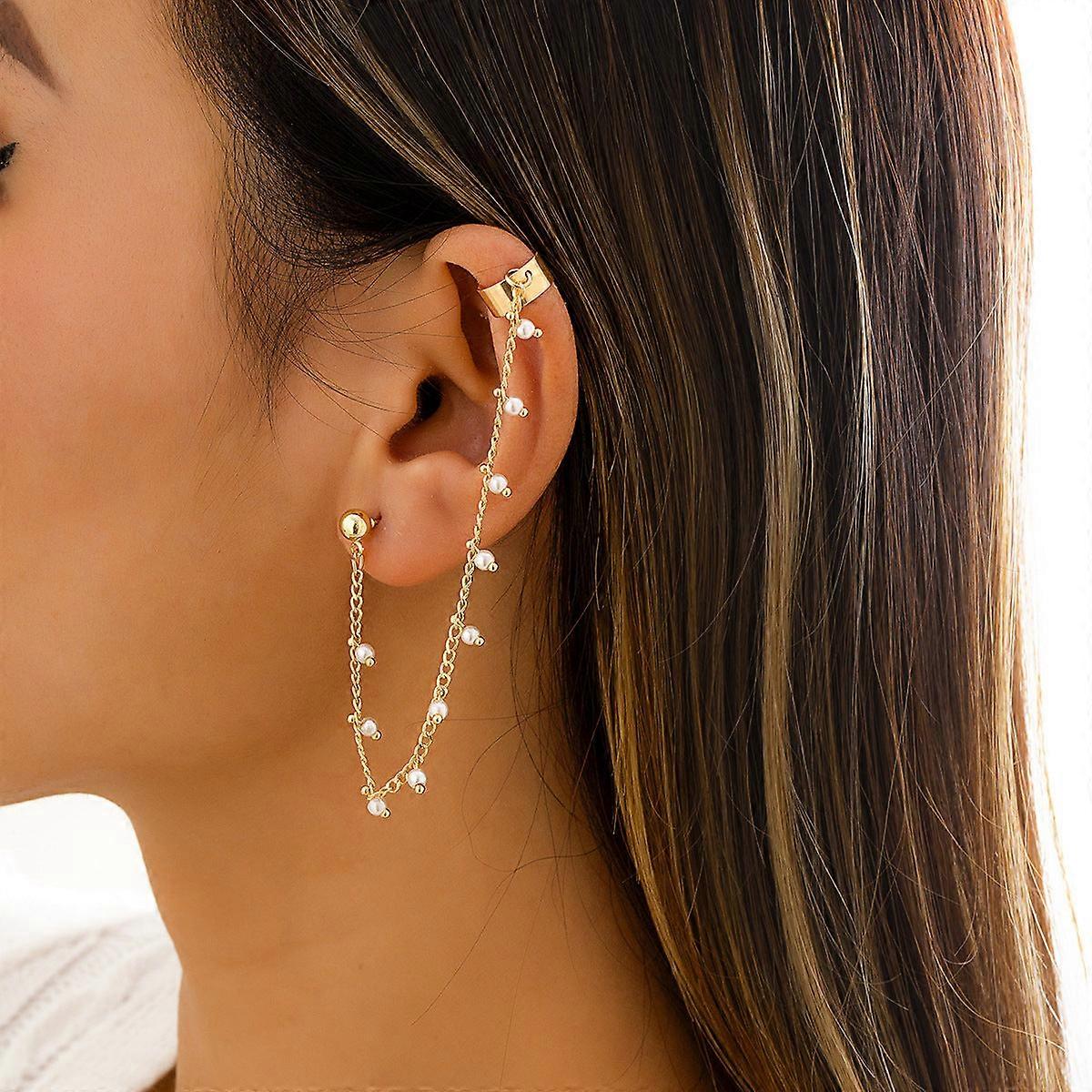 Retro Long Star Moon Tassel Imitation Pearl Single Ear Hook Non-pierced Ear Bone Clip
