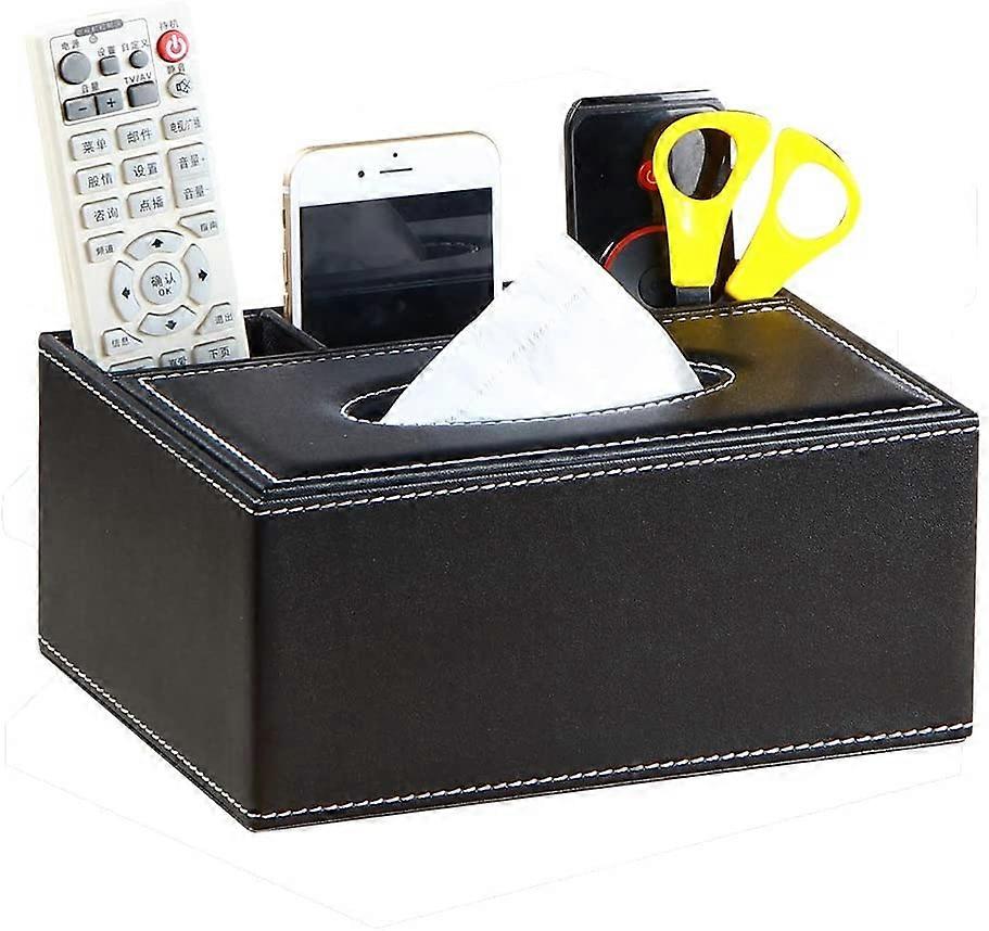 Tissue Box Cover Rectangular Leather Black Multifunctional Remote Control Stationery