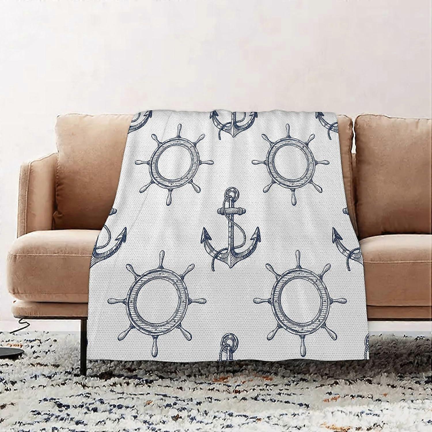 Premium Flannel Throw Blanket - Ships Wheel Anchors and Steering Wheels Pattern Pirates Sailors Marine Them flannel Blanket Sofa Throw, Blanket Fluffy