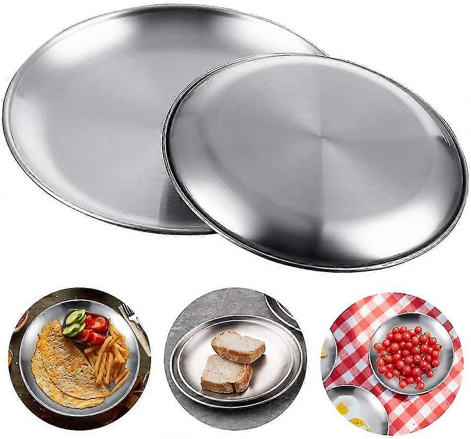 2 stk rustfritt stål serveringsretter oval skuff rundt rustfritt stål serveringsbrett rustfritt