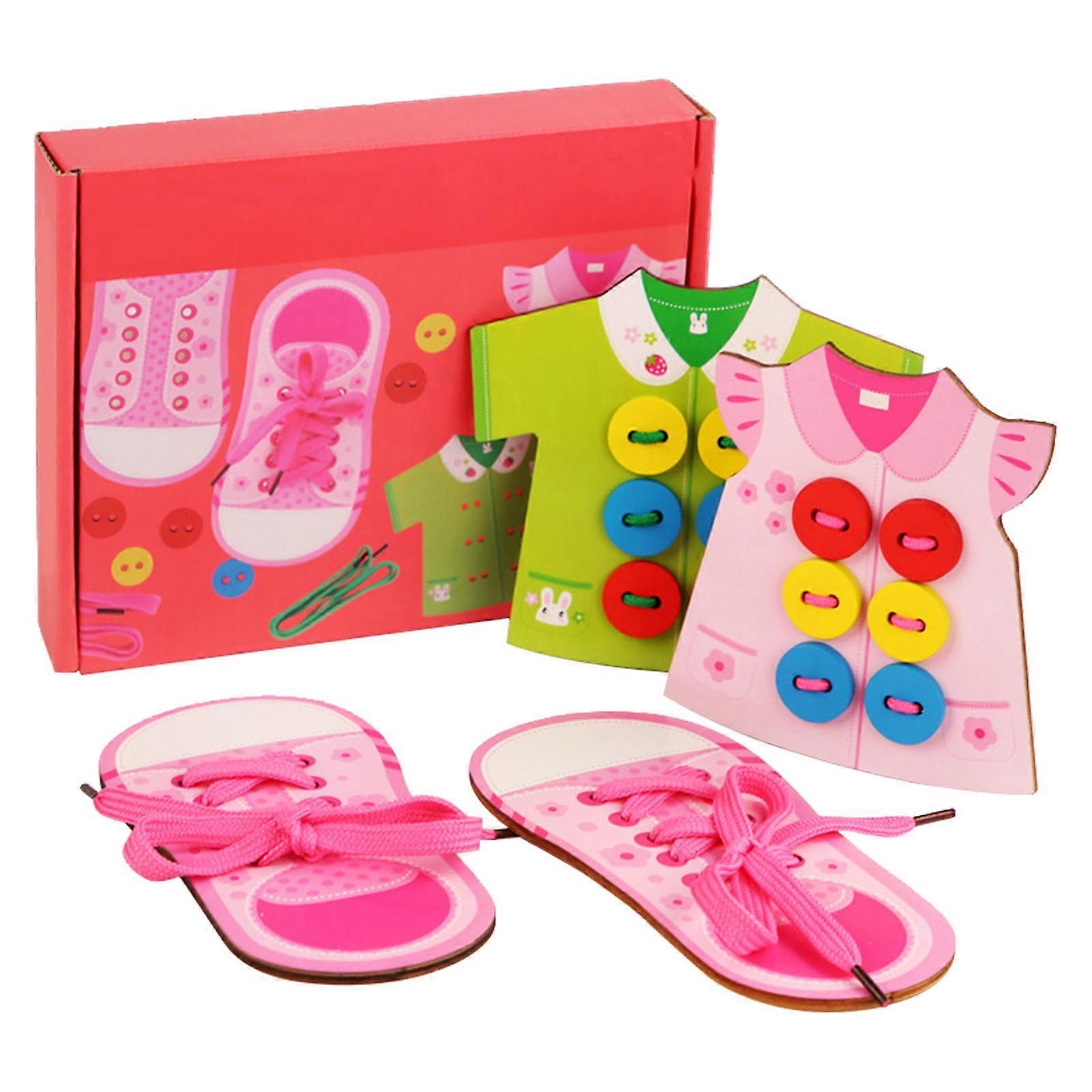 Kids Threading Game Wooden Lacing Game Wooden Clothes Shoes Lacing Toys Kit Early Learning Fine Motor Skills Girls Type