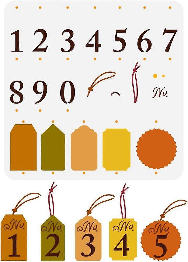 Numbered Tags Painting Stencil 11.8x11.8inch Reusable No. 0~9 Labels Pattern Drawing Template DIY Art Rectangle Round Numbers Tags Stencil for Paintin