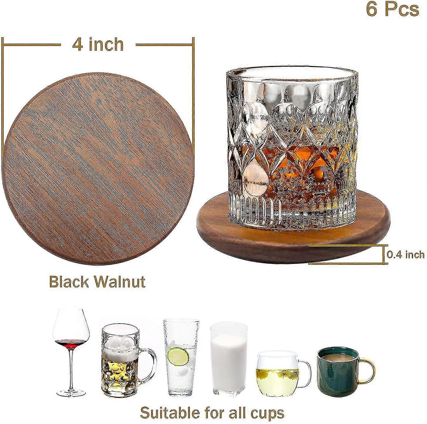 ドリンク用ウッドコースター-ホルダー付き6個セット、4インチ