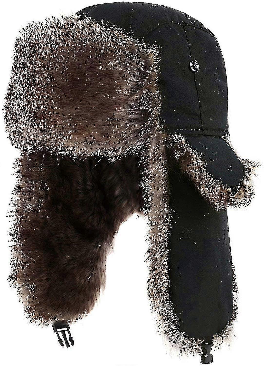 Trapper Ushanka Klobouk Teplý ruský voják Kožešina Earflap Zimní lyžování Klobouk (černá)