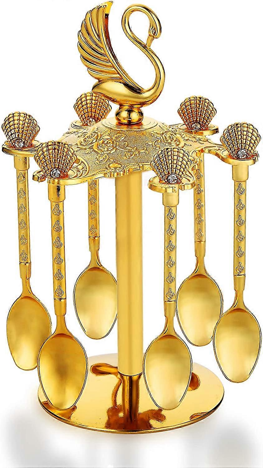 Decorative Swan Base Holder with 6 Spoons, Coffee Dessert Spoons Set,Teaspoons, Jam Spoons for Fruit, Stirring, Mixing, Sugar, Ice Cream, Cake (Gold)
