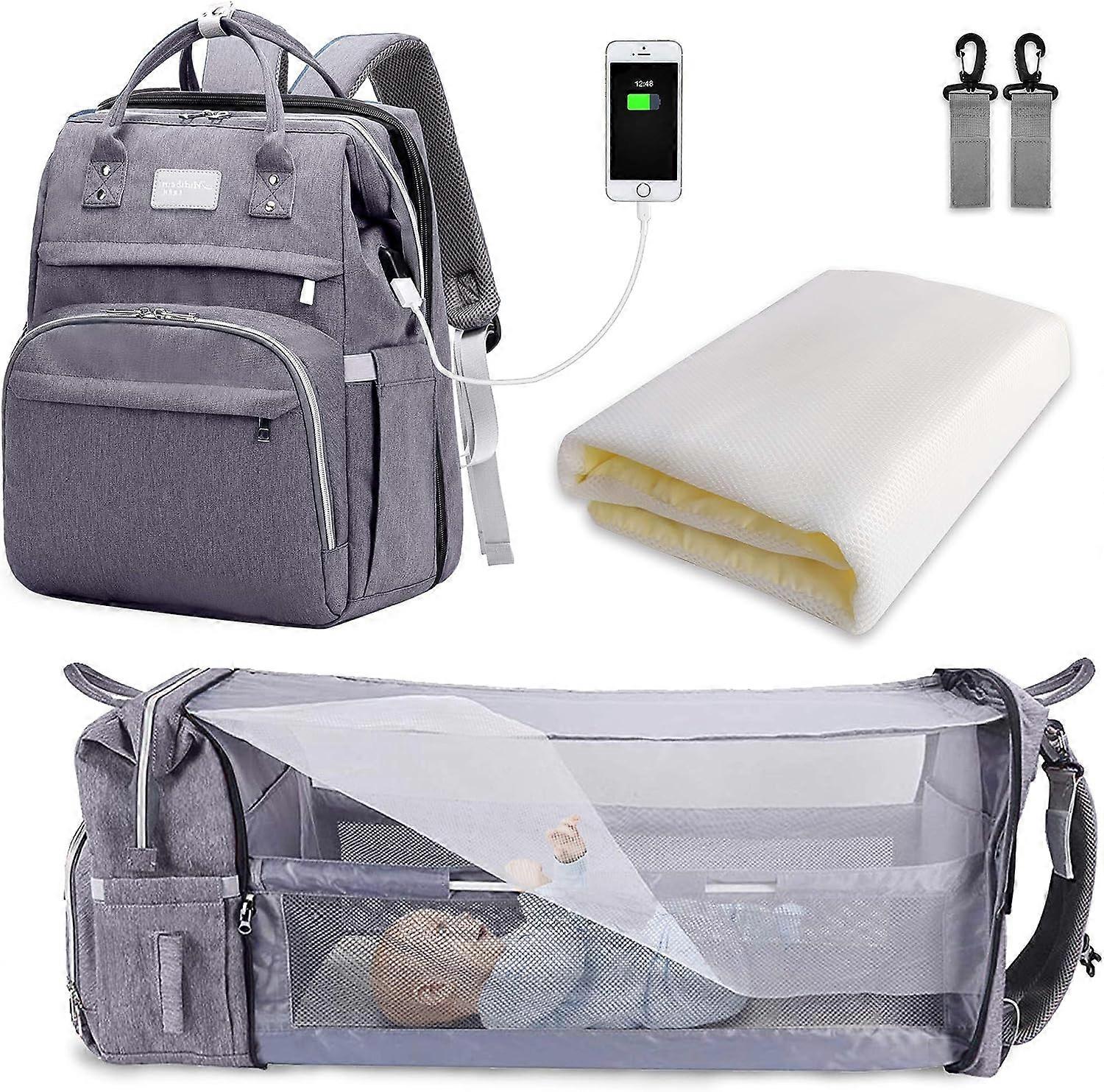 Gray Baby Diaper Bag Backpack - Large Capacity with Foldable Bed