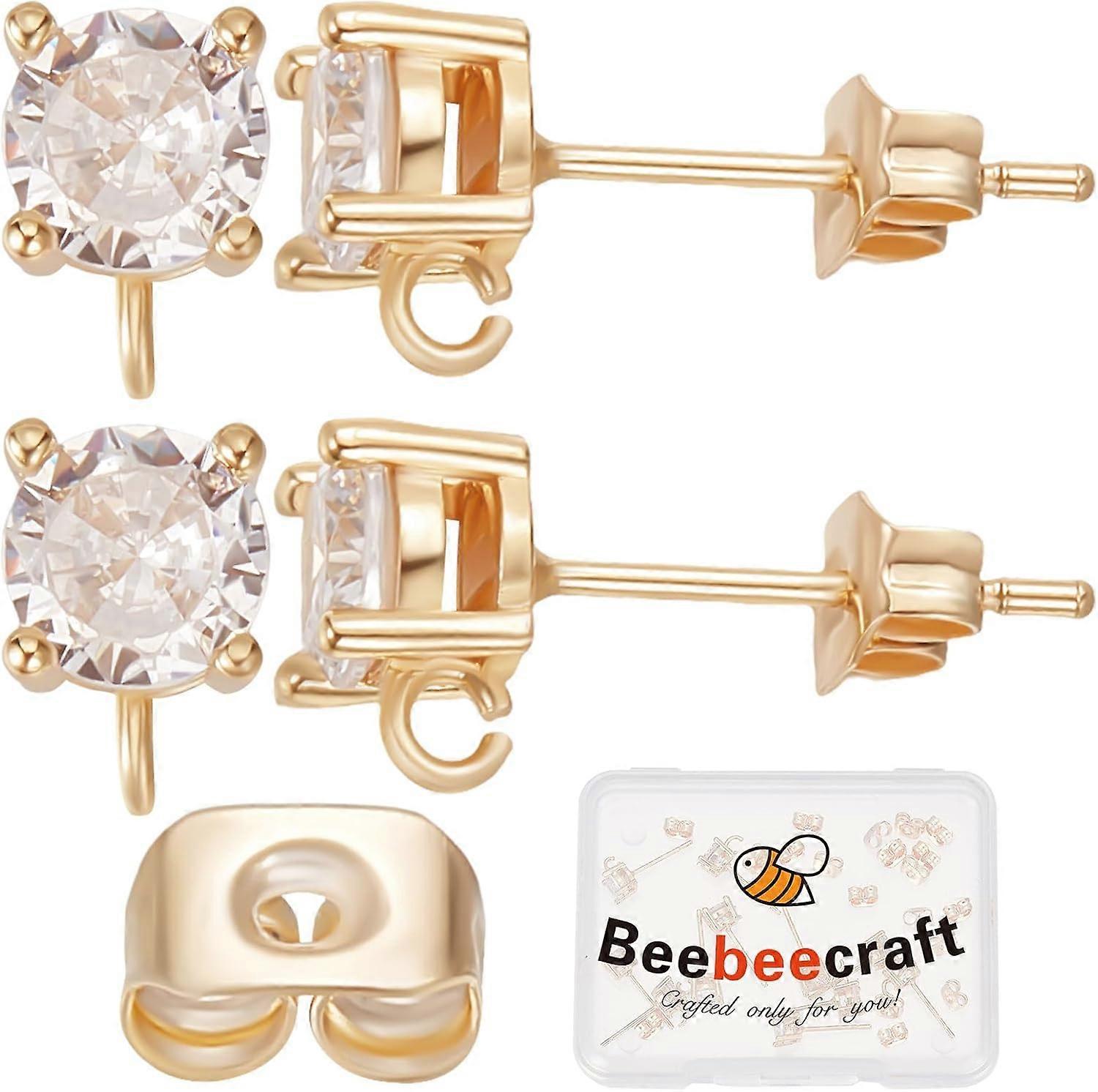 1 Box 20Pcs Stud Earring Findings 18K Gold Plated Brass Zirconia Earring Post with Loop Round Earring Component for Mother's Day Valentine's Day Anniv