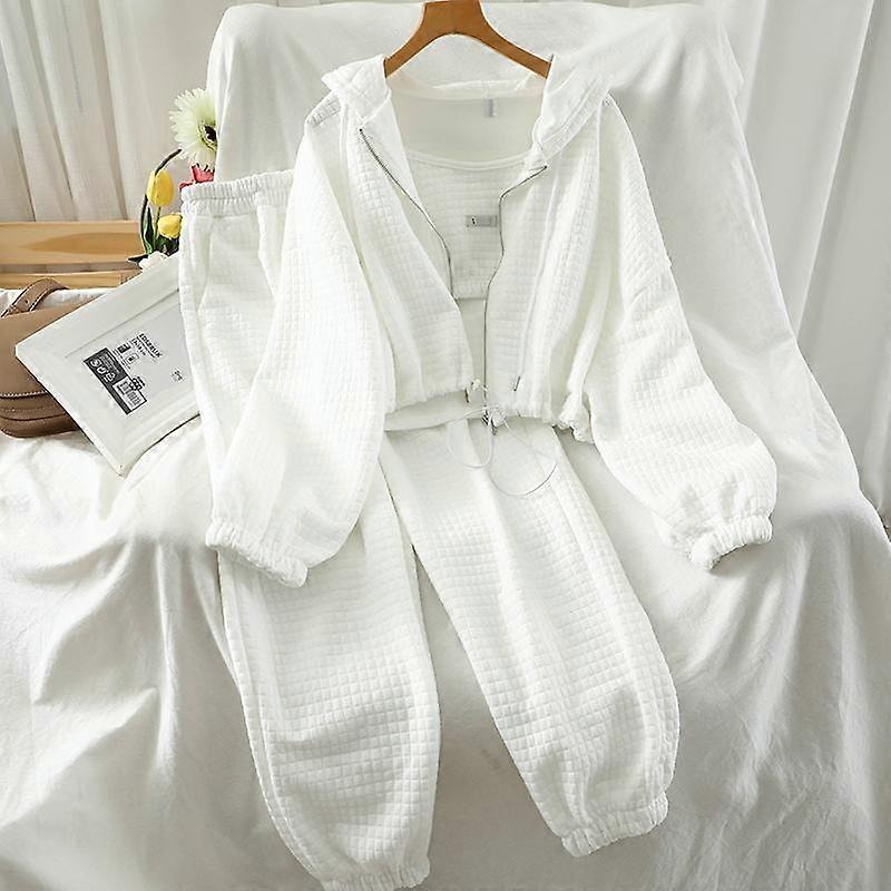 2022 Spring Autumn Women 3 Piece Set Solid Color Hooded Drawstring Sweatshirts Sexy Camisole High Waist Trousers Female Fashion Casual Suit