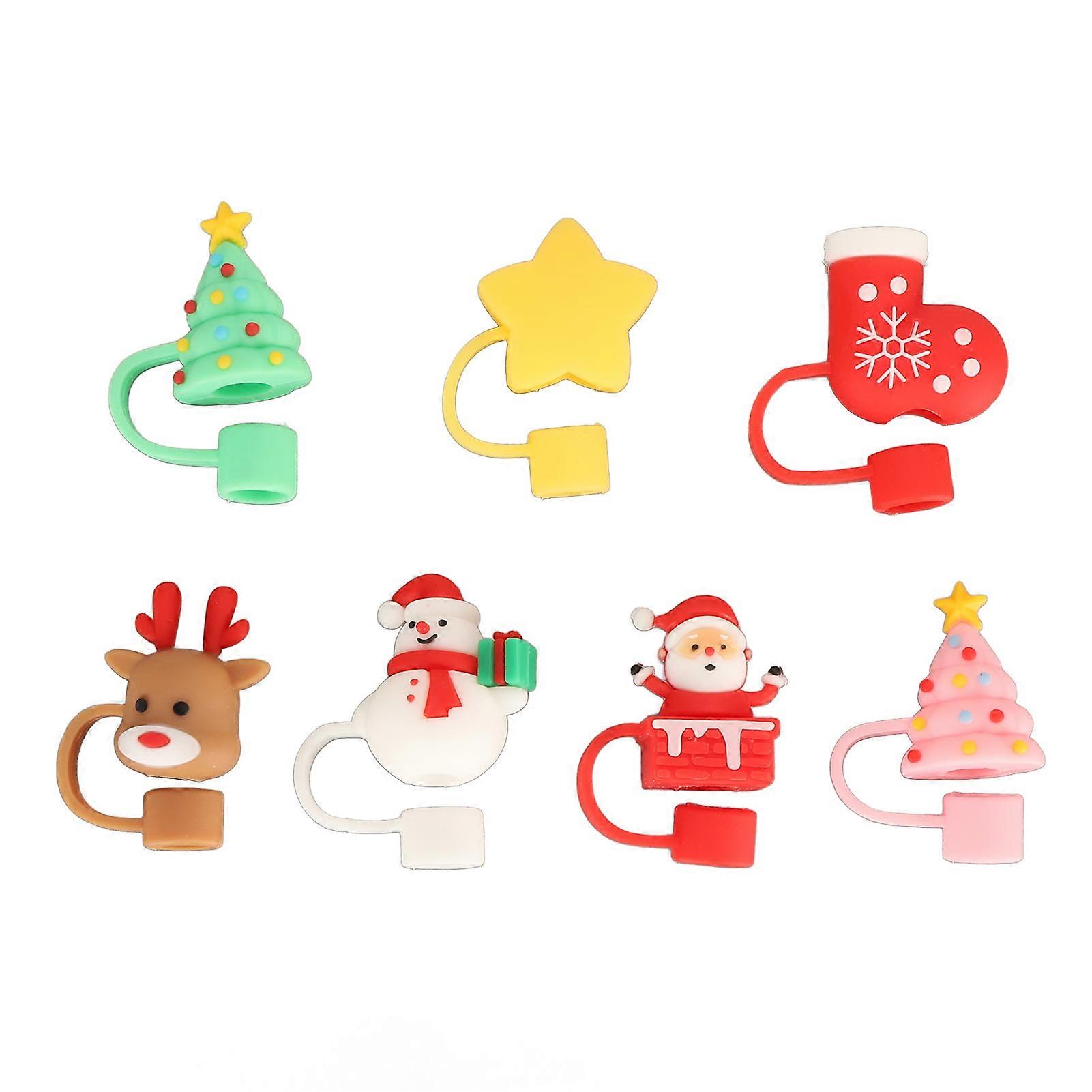 7 PCS Straw Covers Silicone Adorable Cartoon Design Dustproof Portable Drinking Straw Cover for Reusable Straws