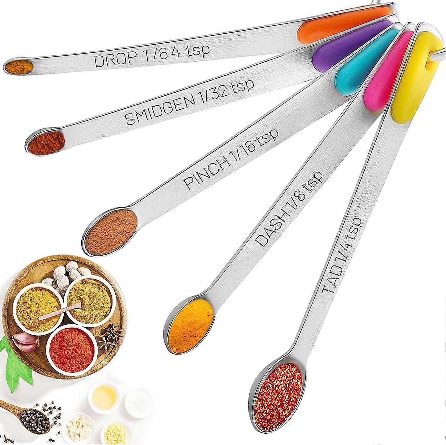 Measuring Spoons Set, Tiny Stainless Steel Measuring Spoons with Silicone Handle, Measuring Spoon 1/64, 1/32, 1/16, 1/8, 1/4 tsp, Mini Measuring Spoon