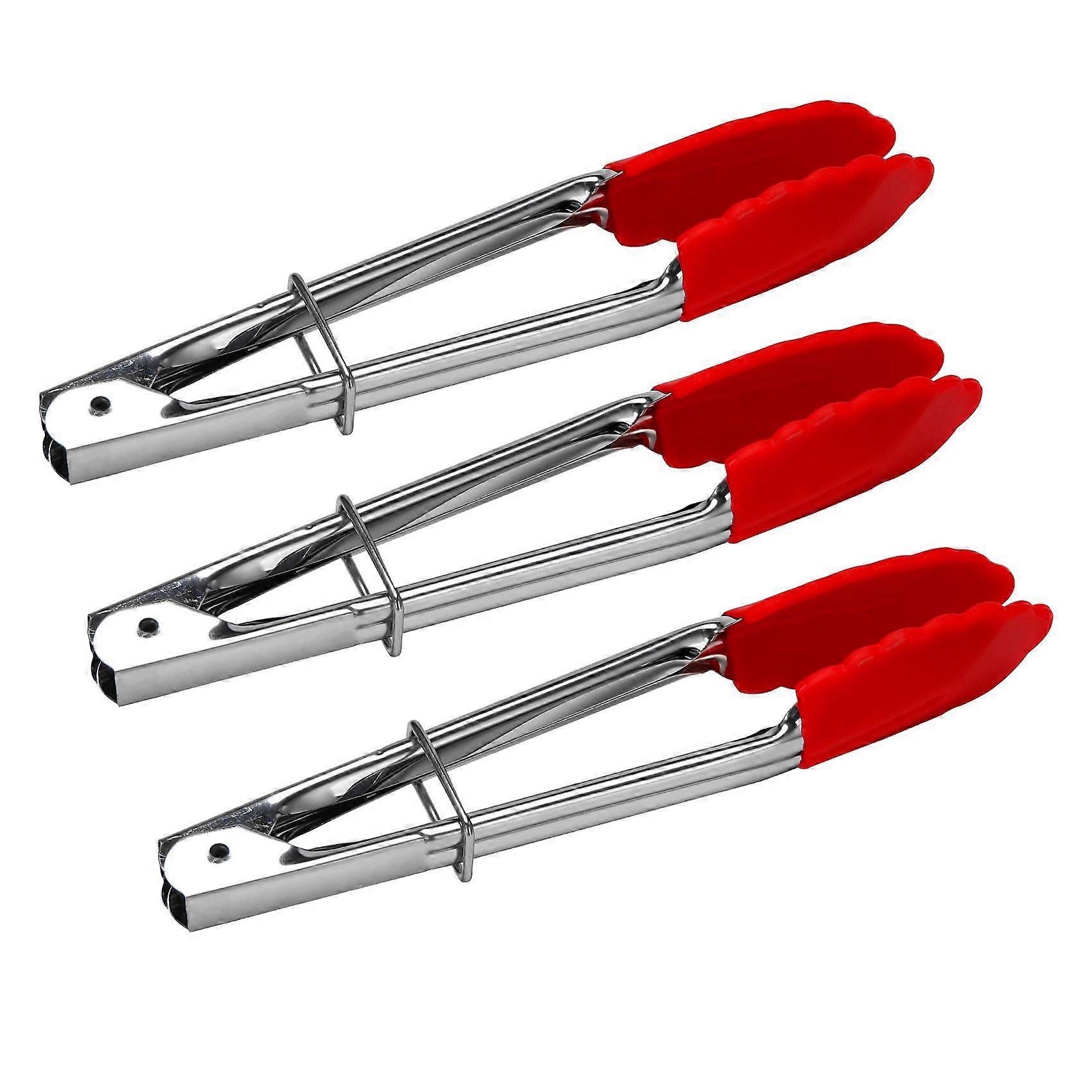 Small Tongs With Silicone Tips 7 Inch Kitchen Tongs Set Of 3 - Perfect For Serving Food, Cooking, Salad, Grilling Red