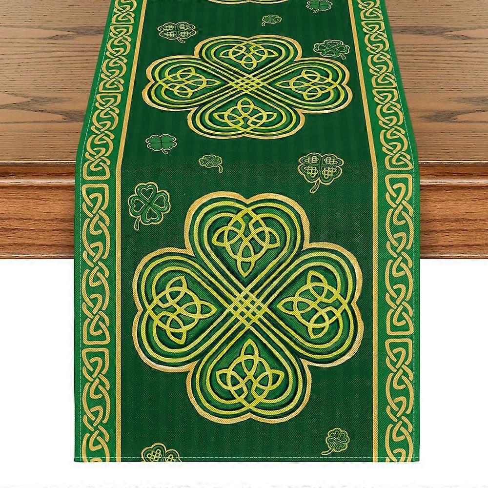 Green Stripes Shamrocks St.Patrick's Day Table Runner for Home Party Decor 13x72 Inch