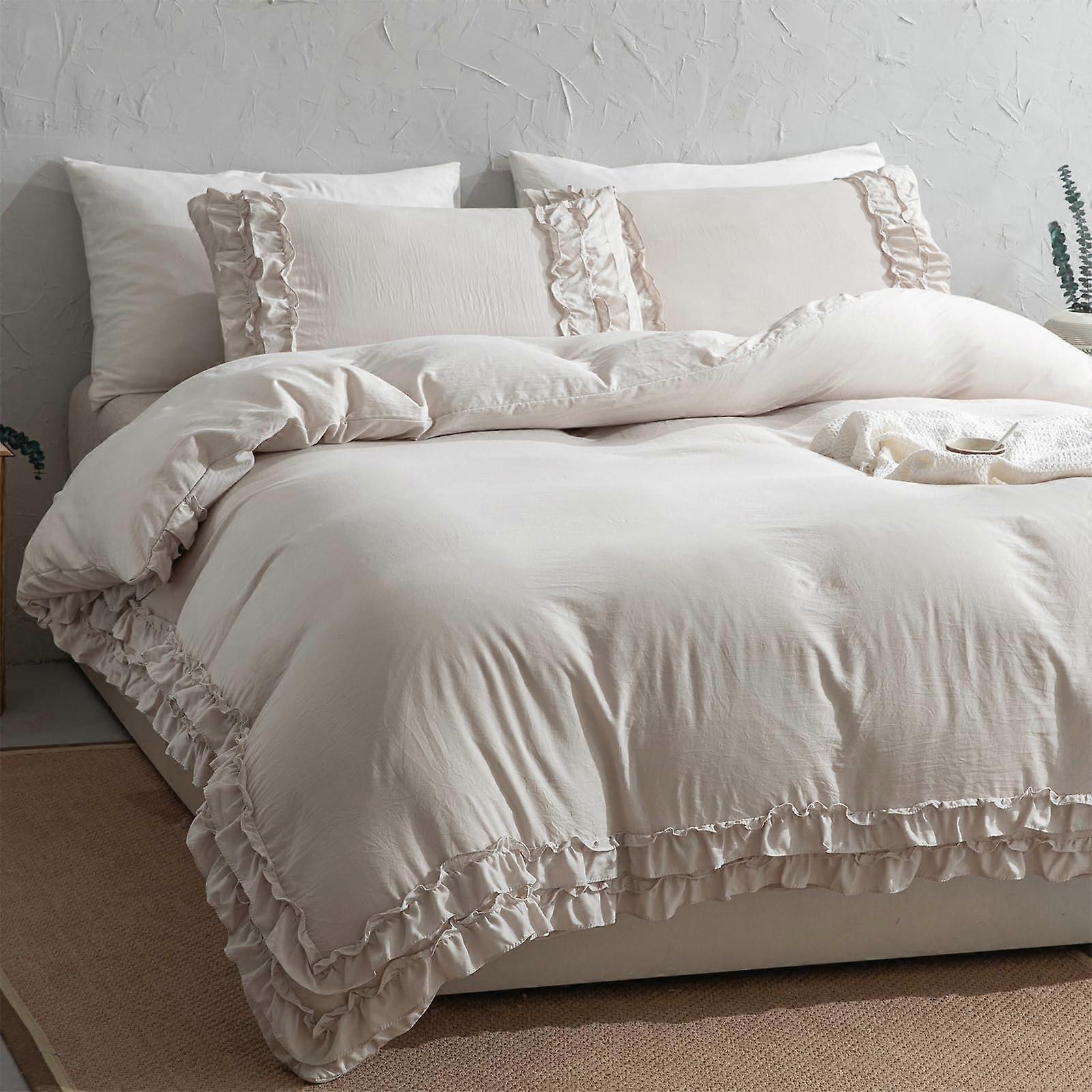 Beige Ruffle Boho Chic Cream Ultra Soft Washed Microfiber Elegant Double Layer Ruffled Bedding Set for Room Decor Queen Size