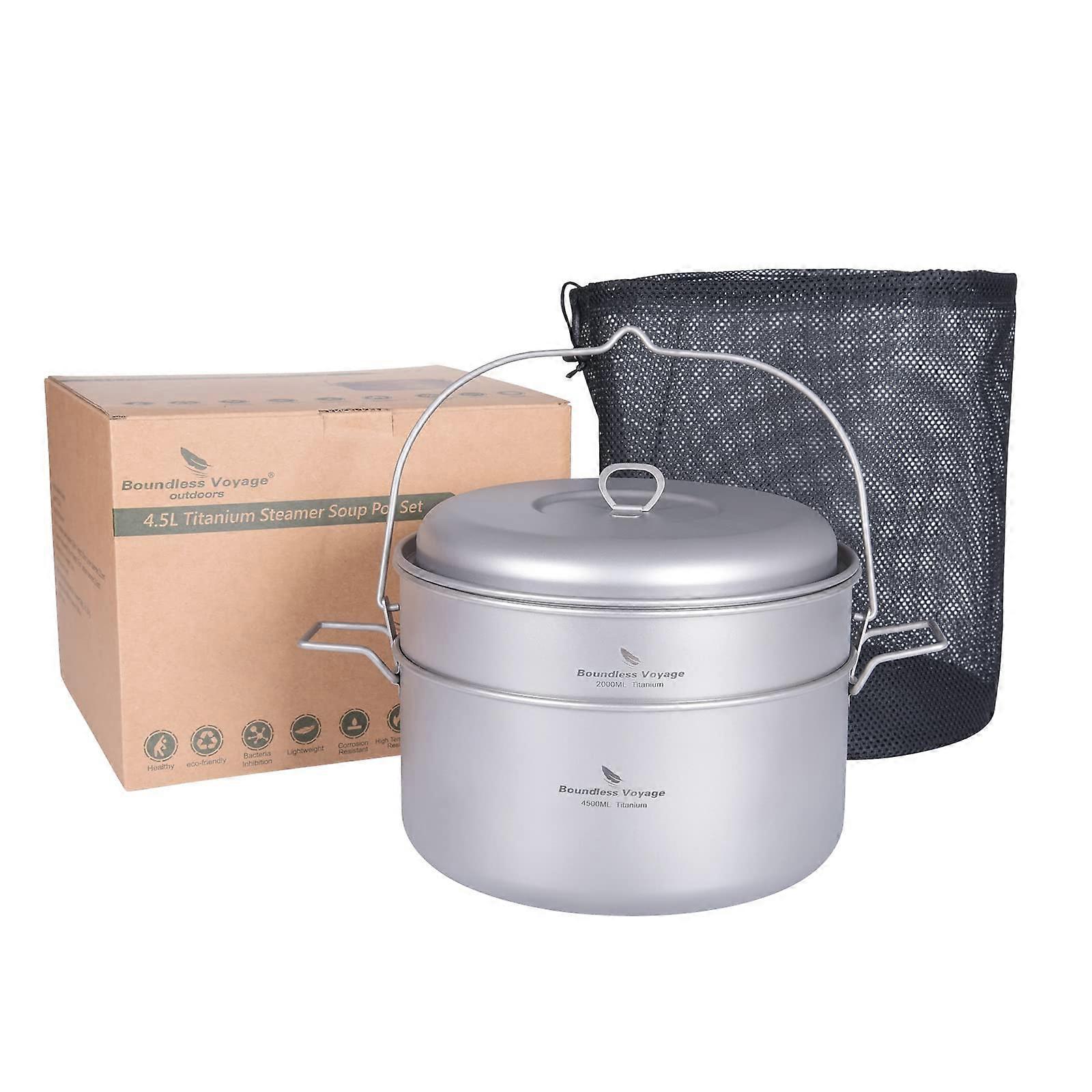 Titanium 4.5L Hanging Pot with Steaming Rack Folding Handle Outdoor Camping Cooking Stockpot Steamer Set