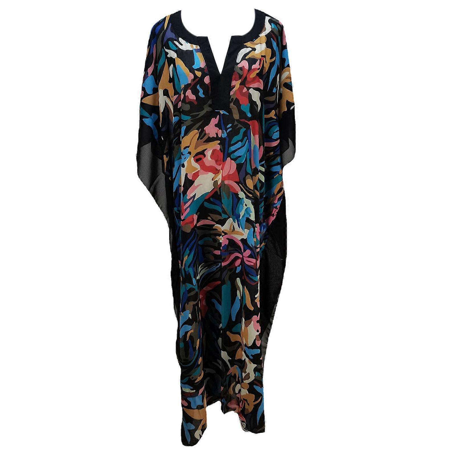 Elegant Over Sized Caftan V Neck Beach Bathing Suit Women Floral Print Loose Kaftan for Summer Water Park Universal Size  Photo Color Average code
