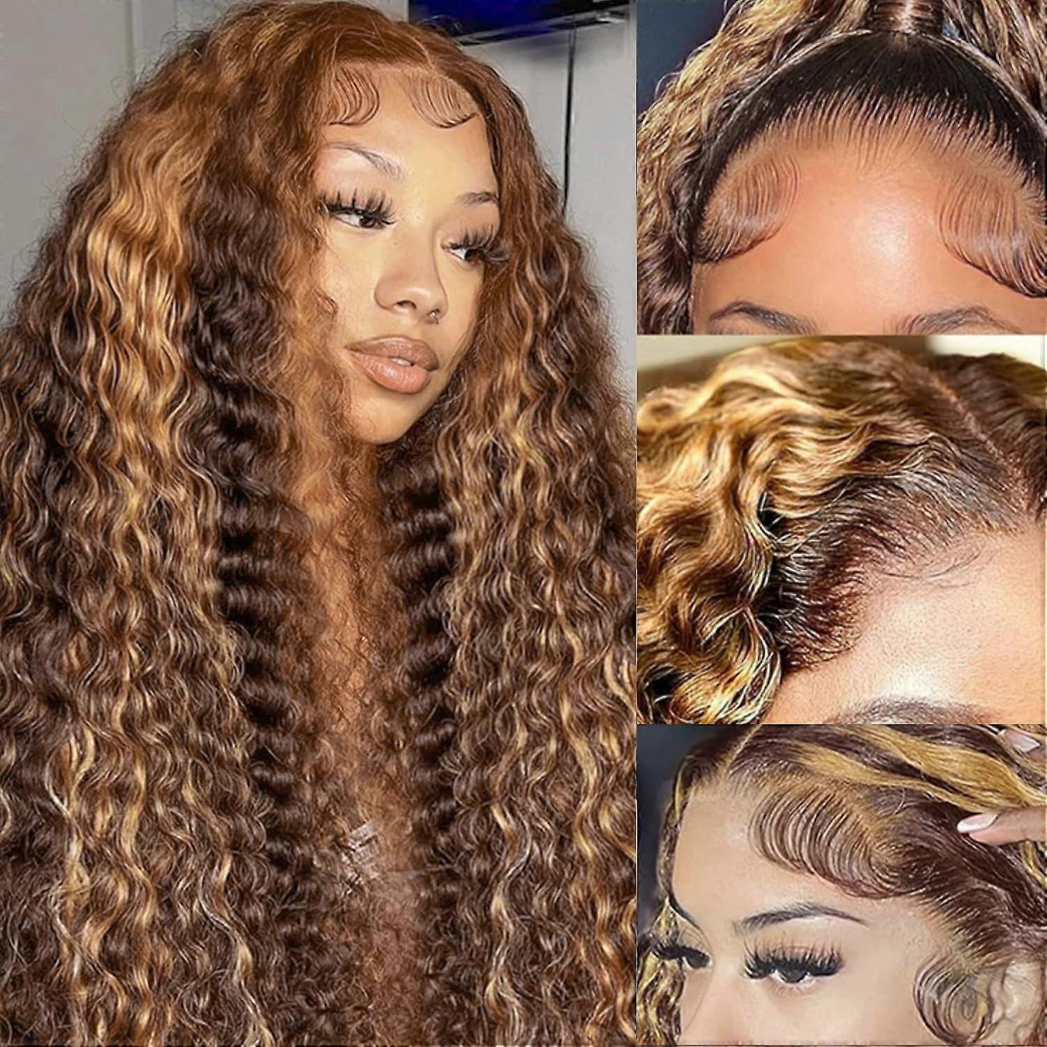 Ombre Highlight Deep Wave Lace Front Human Hair Wig 13x4, 26 Inch, Natural Look, Adjustable Strap, Heat Resistant