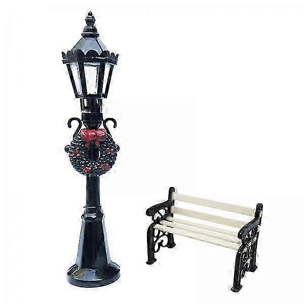 ドールハウス用ミニチュアガーデンパティオ家具セット:公園のベンチと街灯を含む5個