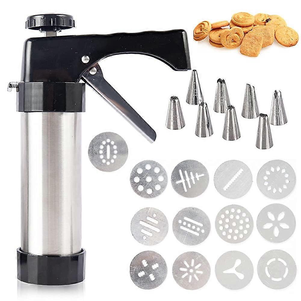 Pastry Press Set, Stainless Steel Cookie Press with 8 Stencils and 8 Nozzles, Portable Biscuit Machine for DIY Baking