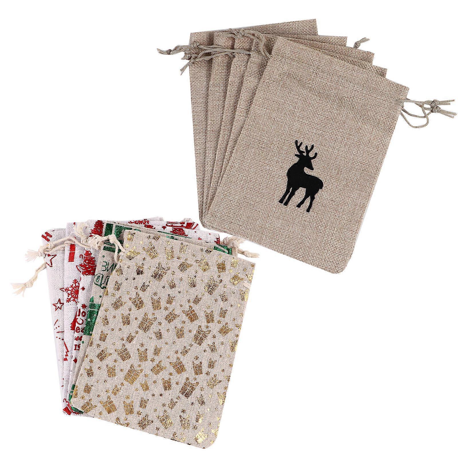 10pcs Christmas Burlap Drawstring Gift Bags Classic Candy Pouch for Holiday Treats, Xmas Party Supplies, Festive Storage with Convenient Closure