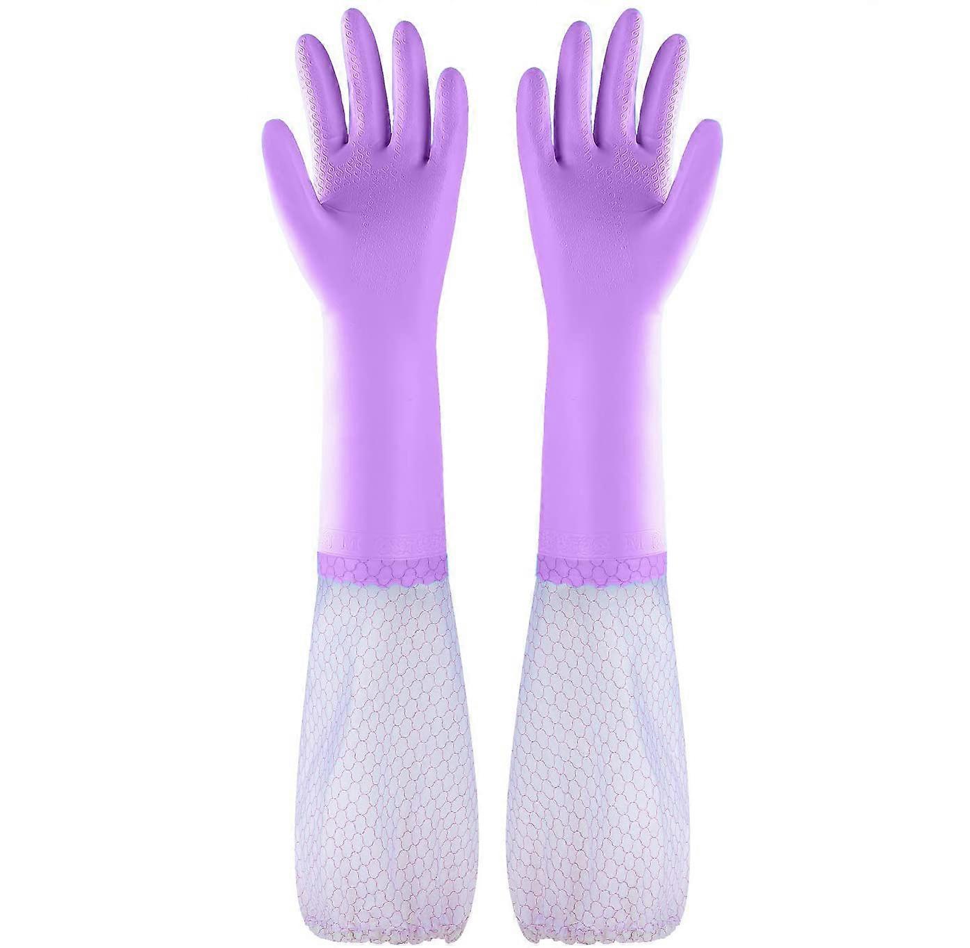 Gants de nettoyage de vaisselle réutilisables sans latex, manchette longue, doublure en coton, gants de cuisine (violet, moyen)