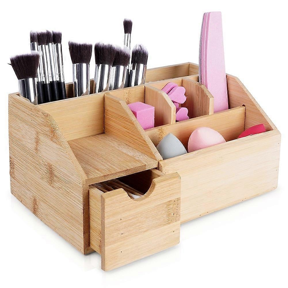 Six-compartment organizer with pull-out drawer in bamboo