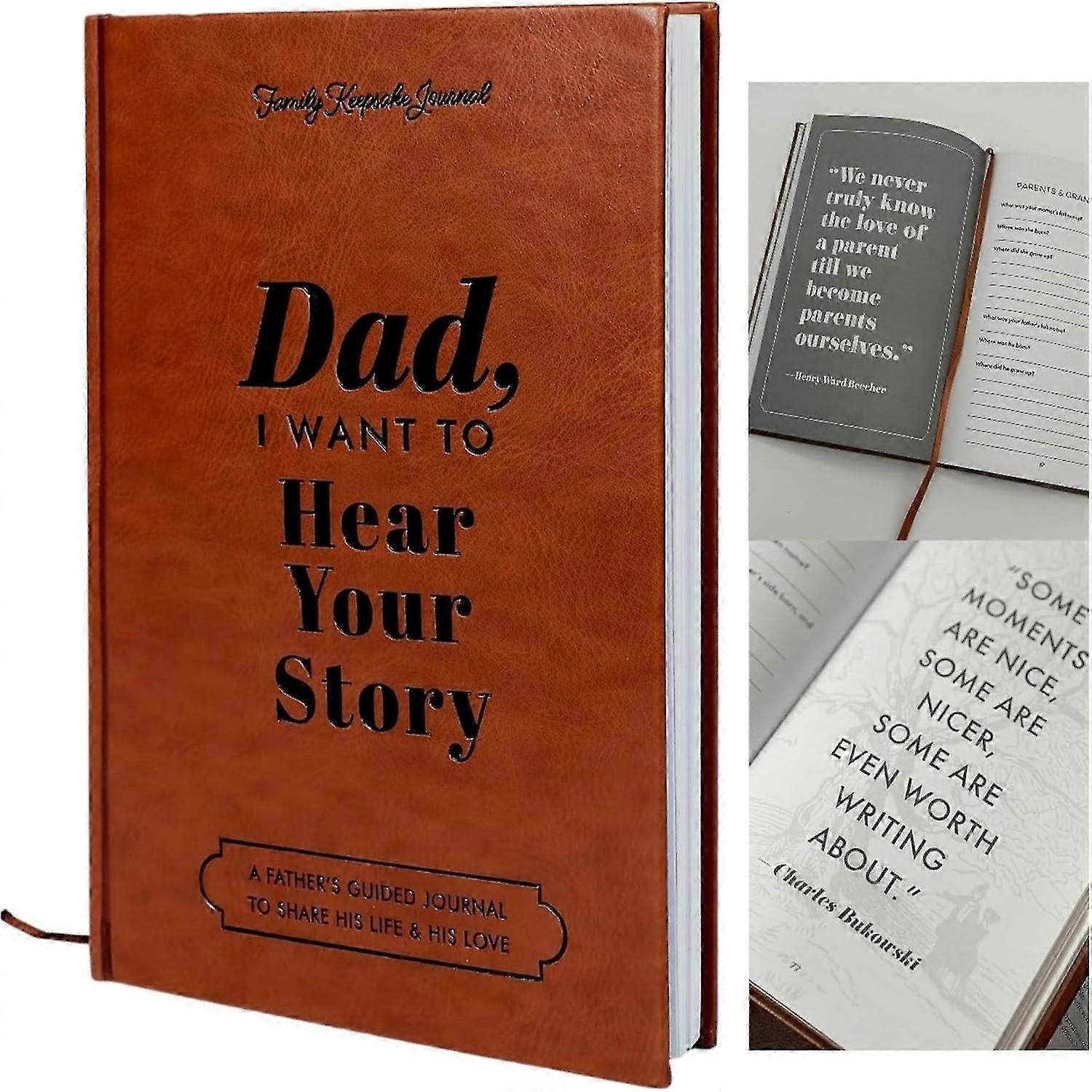 هدية عظيمة لأبي. أبي ، أريد أن أسمع قصتك: تغليف هدايا عيد الأب غلاف مقوى جلد صناعي ، حروف رقائق الذهب الأسود ، إشارة مرجعية للشريط ، الفتح