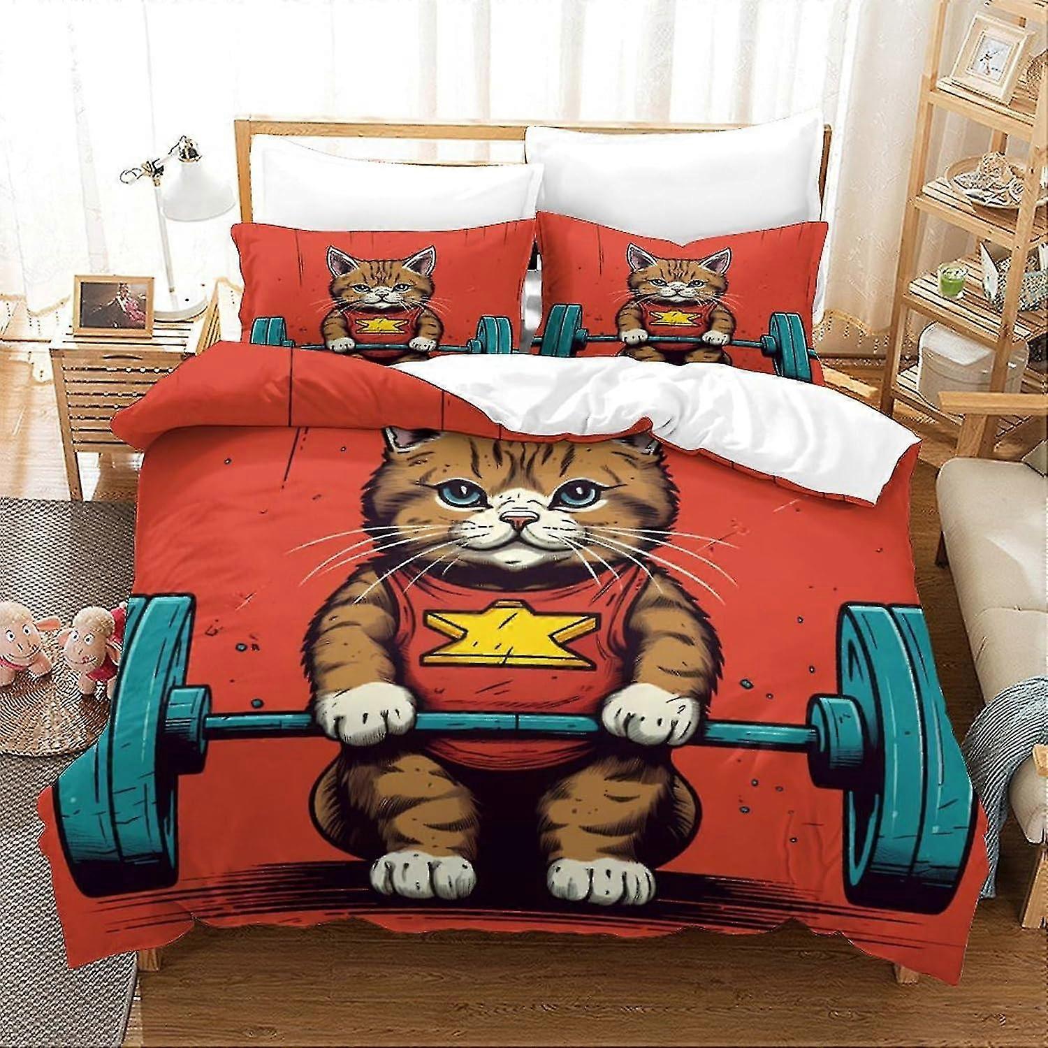3D Printed Fitness-Loving Cat Duvet Cover Set Weightlifting Bedding Set, Soft Microfibre, 2 Pillowcases, Hidden Zip