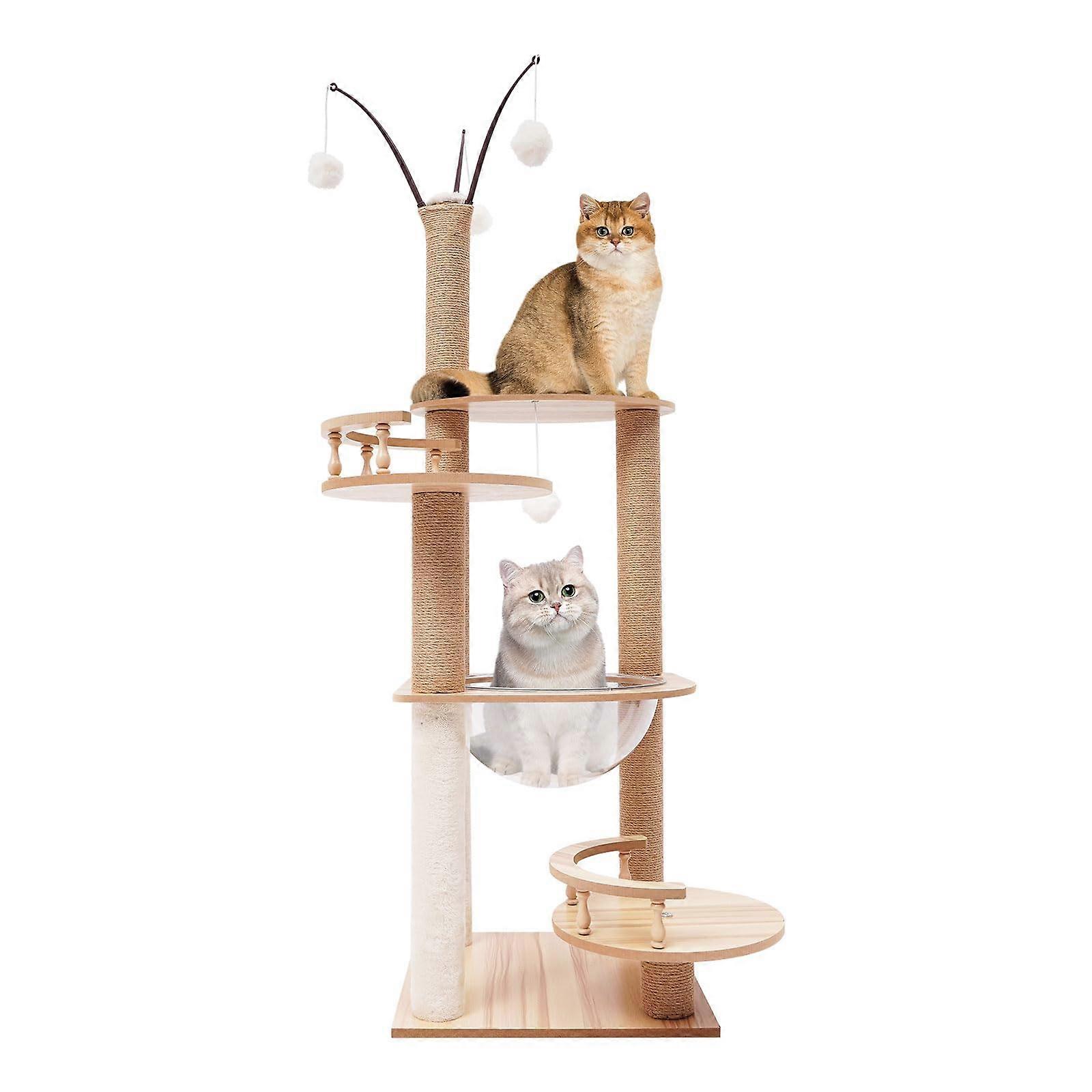 Kratzbaum, 132 cm Cat Tree Stable Scratching Post, Activity Scratching Trees with Observation Platforms and Fence, Light Brown