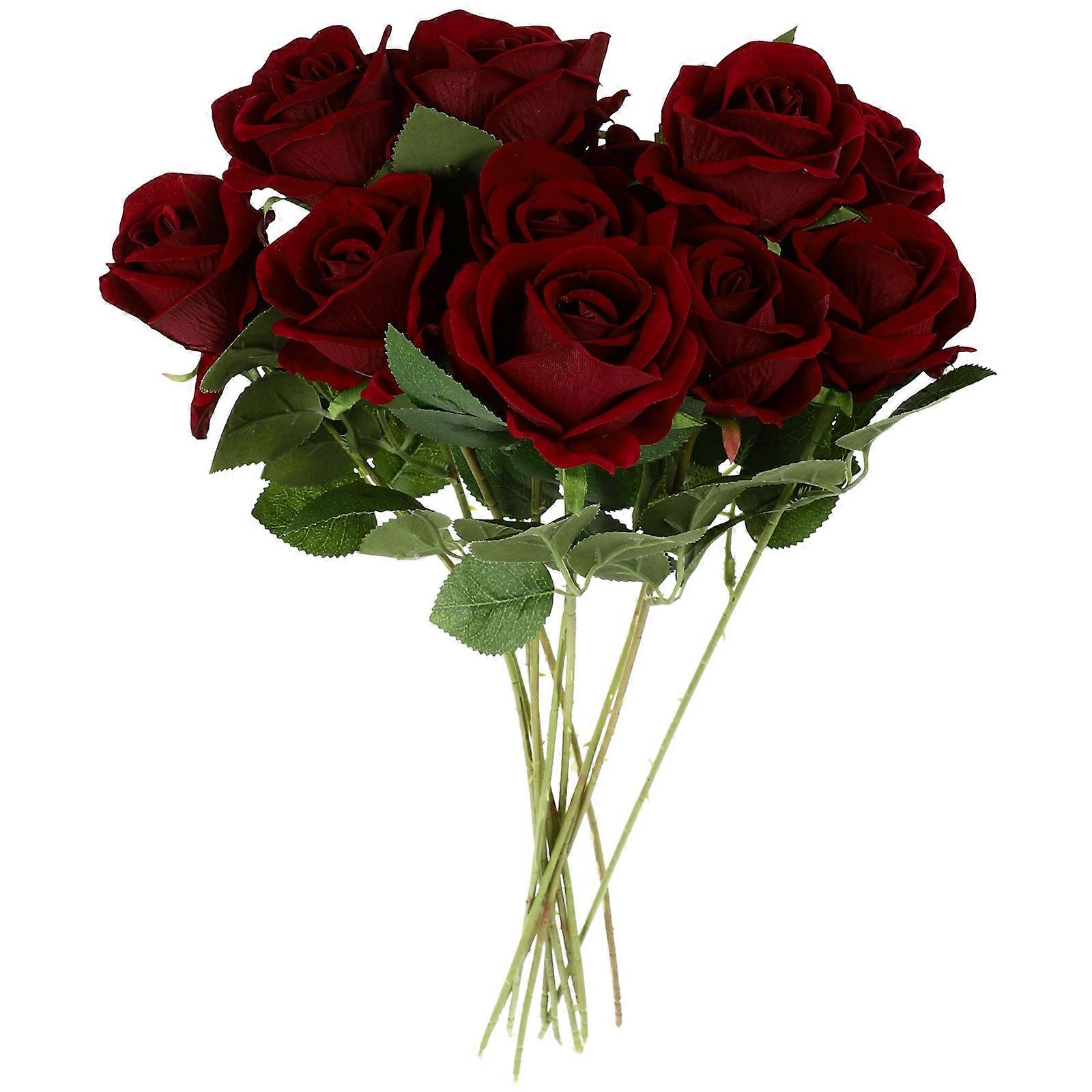 Realistic Artificial Flowers Dark Red With Stems For Living Room Decor 11Pcs