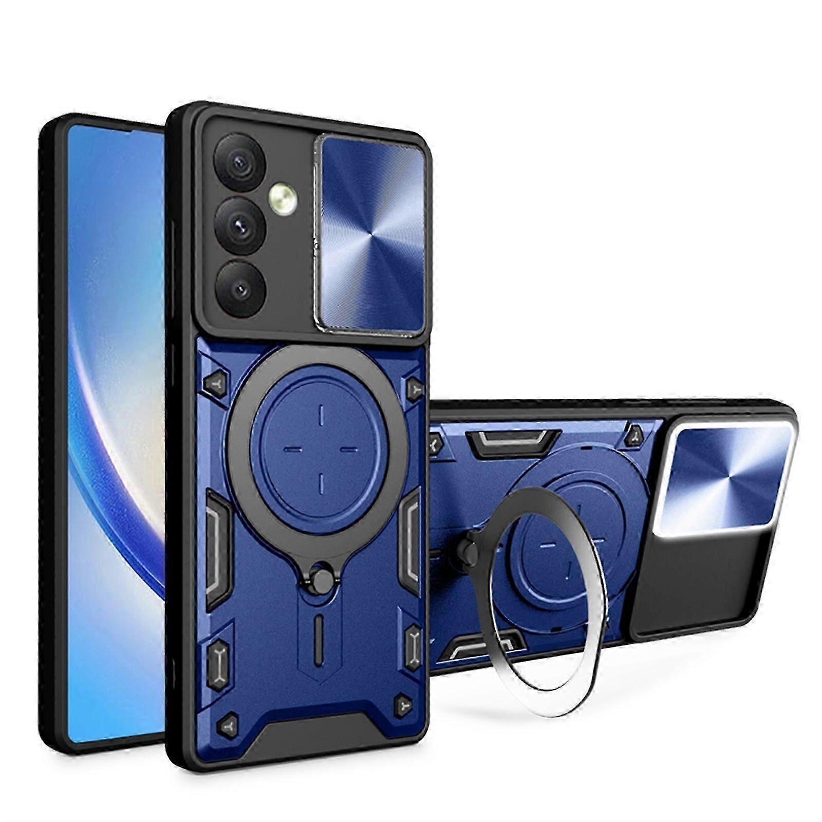 Sliding Window Lens Protection Case for Samsung Galaxy S24, Heavy Duty Shockproof Phone Cover with Folding Rotating Magnetic Bracket for Samsung Galax