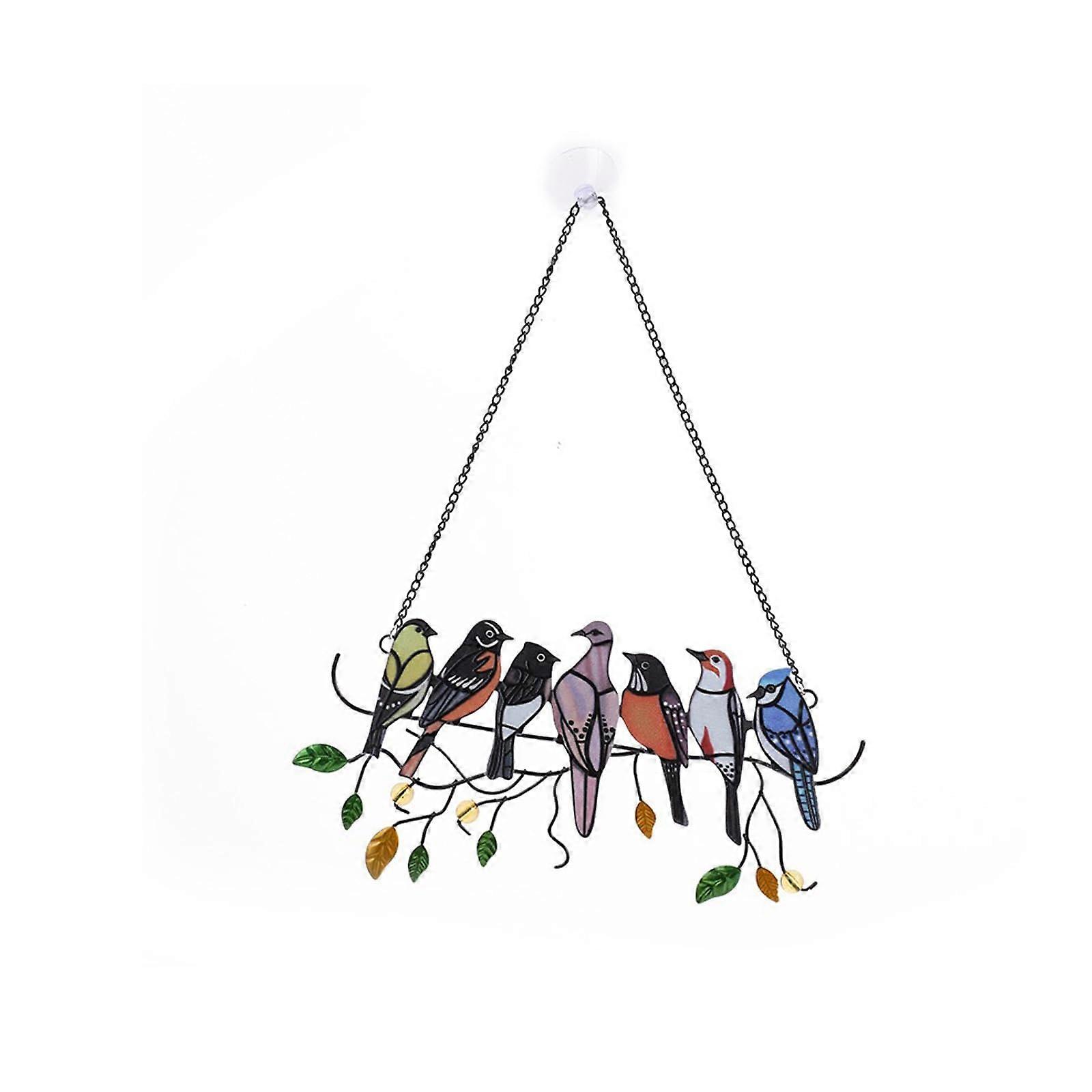 Window hanger with seven birds, singlesided, multicolored, stained metal