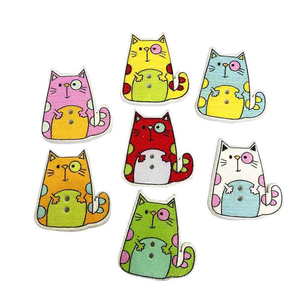 50 Pcs Wooden Buttons Colorful Environmental Cat Pattern Printed DIY Snaps Assorted Color