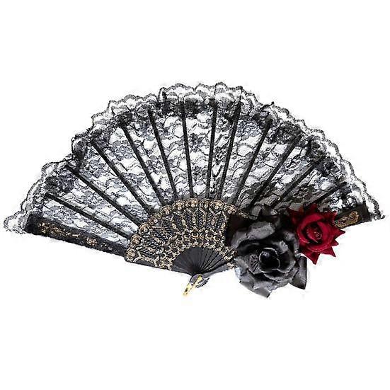Floral Lace Folding Fan with Red Black Rose Flower Vintage Gothic European Cosplay Tea Party Portable Summer Hand Held Fan Photo Prop Women Gift