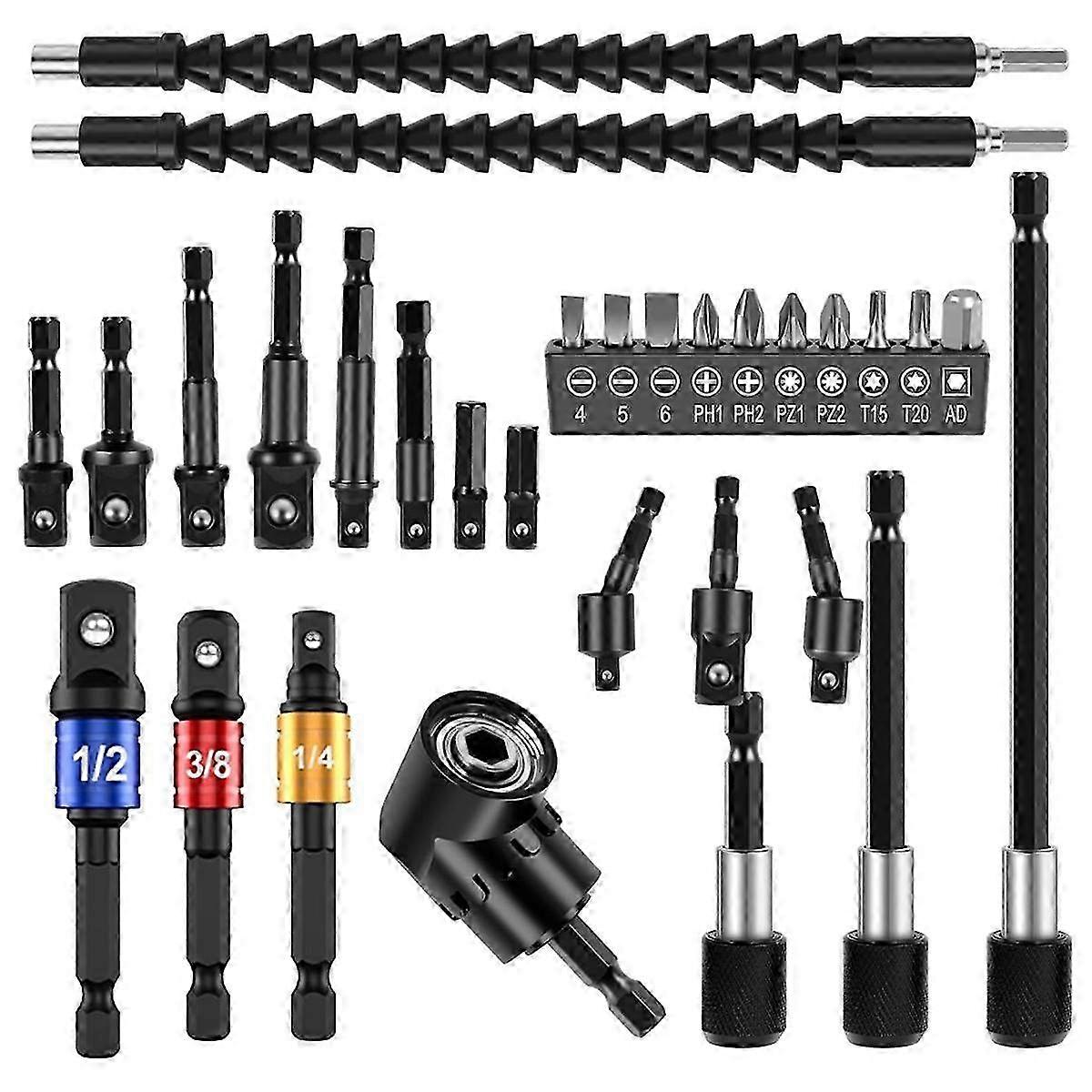 30Pcs Flexible Drill Bit Extension Kit, Right Angle Drill Attachment, Rotatable Socket Adapter, Bendable Extender Drill Bit