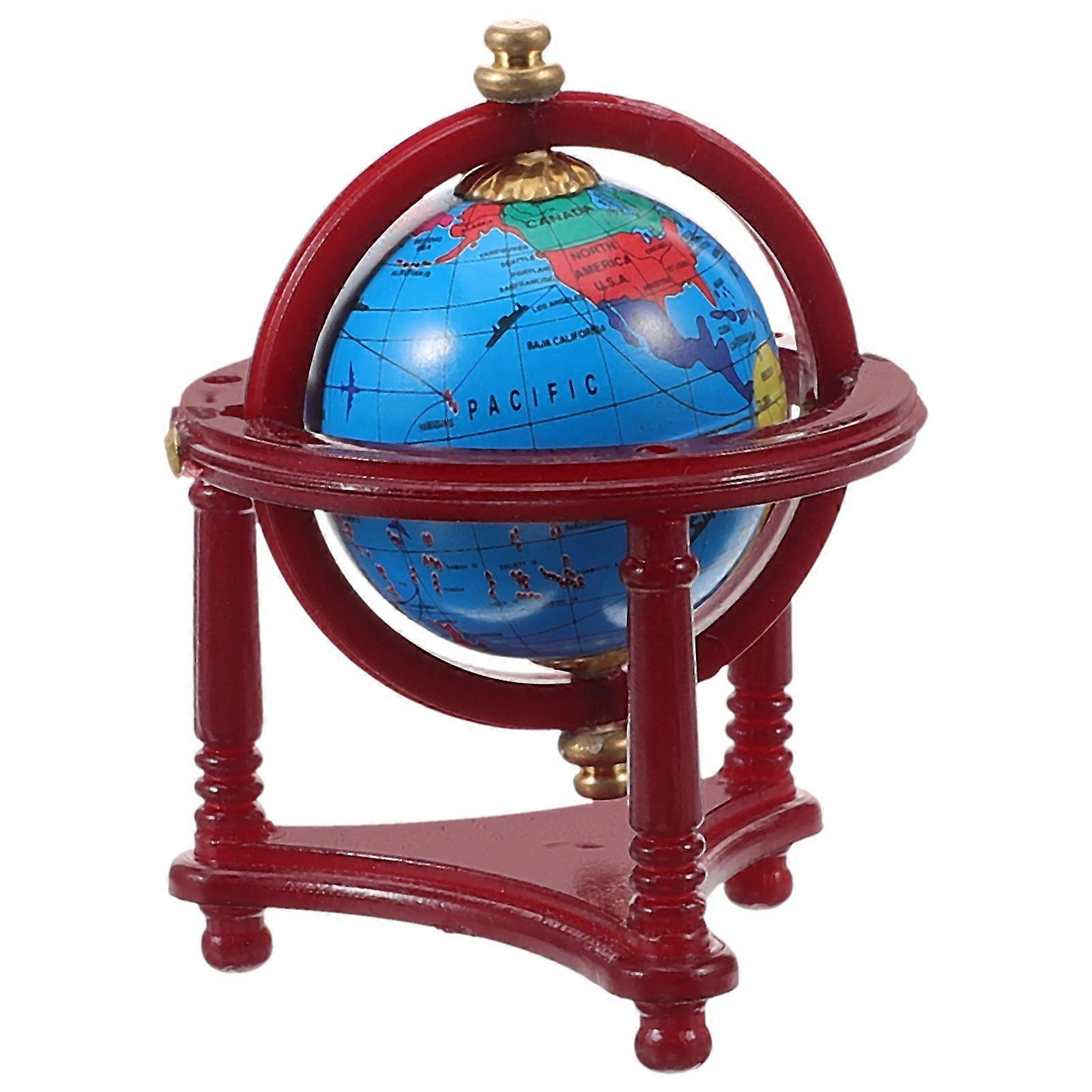 Red Miniature Globe with Wood Bracket for Decorative Accessories Perfect for Doll House Decor 6.5