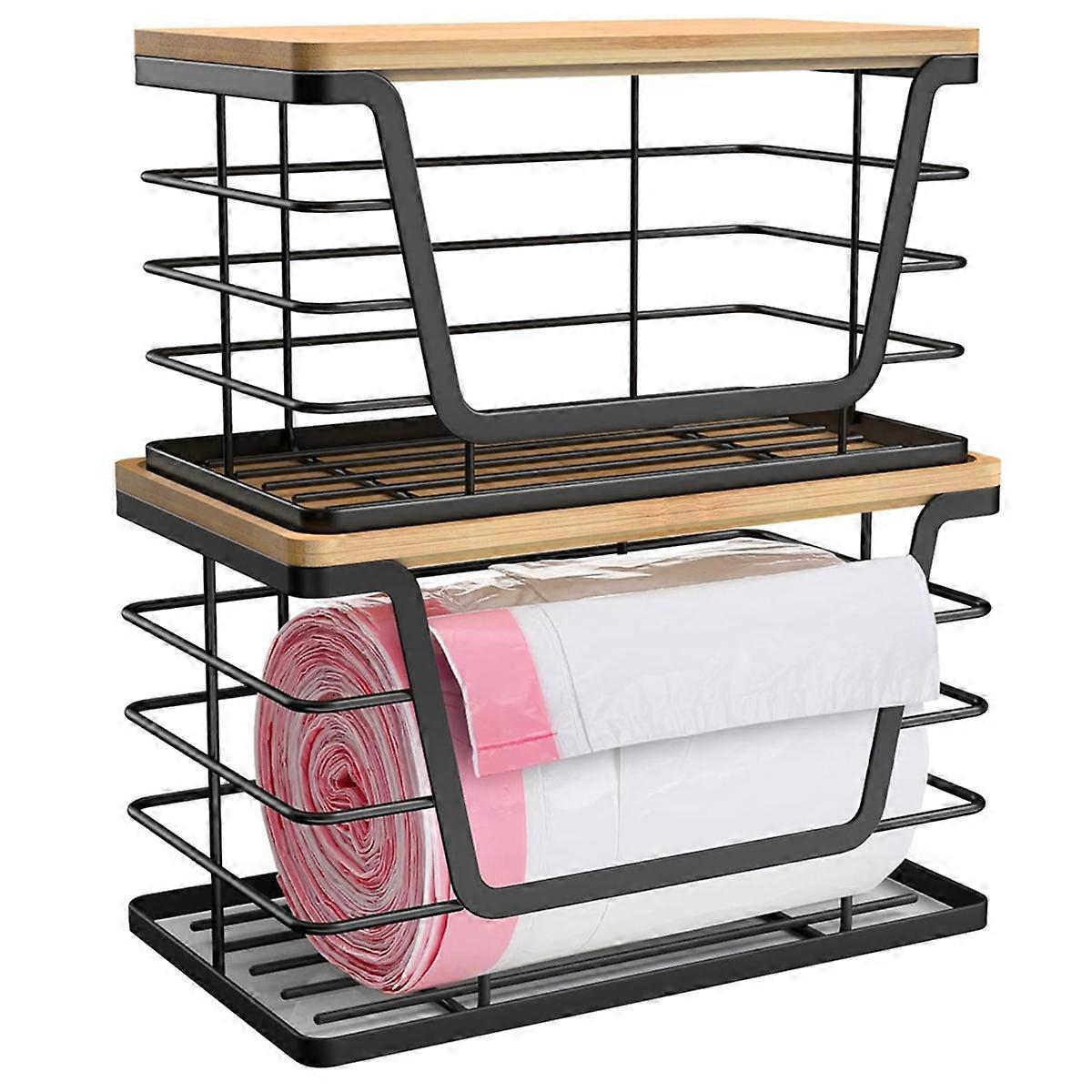2 Pack Storage Stackable Kitchen Laundry Organizers with Bamboo Top, Wall Mount Large Trash Bag Hol