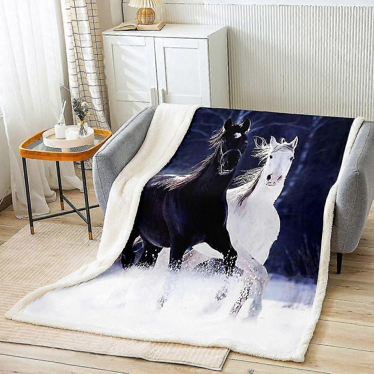 Wildlife Fleece Throw Blanket with Galloping Horse Design for Bed and Sofa Soft Plush Black and White Horse Pattern Flannel Blanket for Cozy Comfort