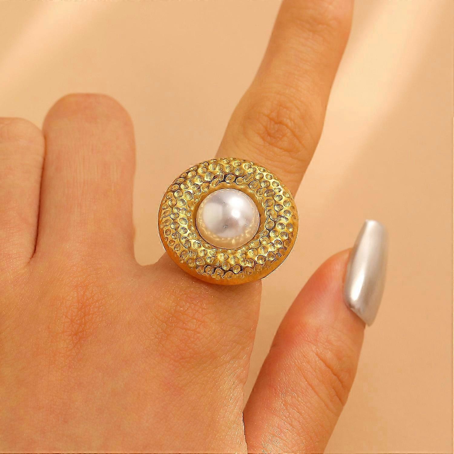 Gold Pearl Flower Ring - Adjustable Open Statement Ring Women