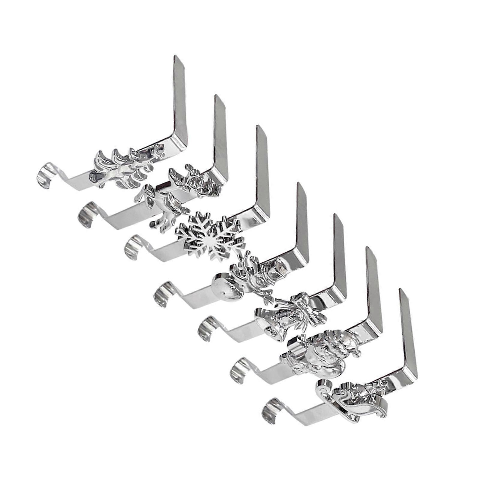 Iron Christmas Tree Stocking Hook With 7 Unique Holiday Pattern Durable Fire place shelf Decoration For Fire place Display  Silver