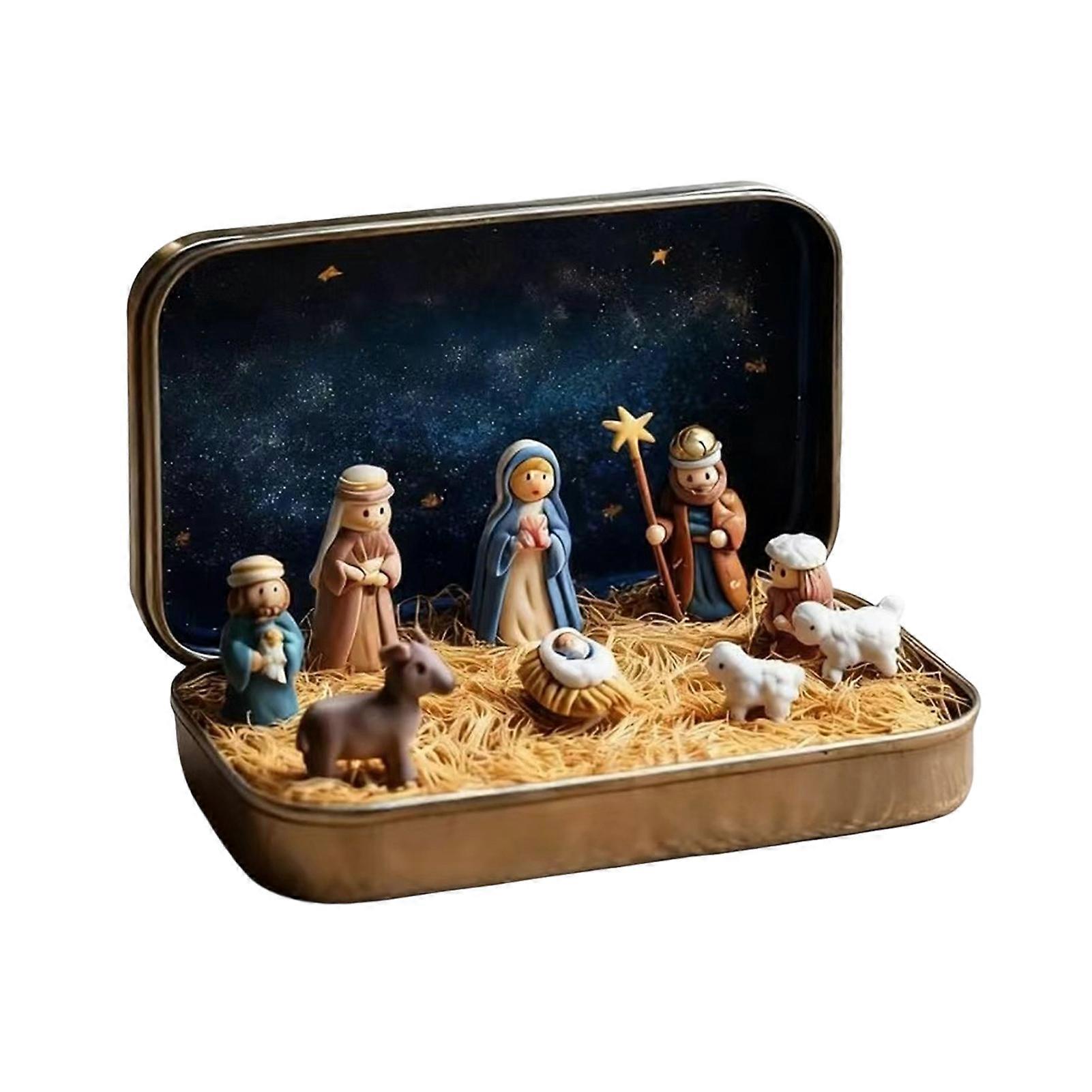 Miniature Christmas Nativity Set in Tin Box, Handcrafted Pocket Nativity Scene with Resin Holy Family & Sheep