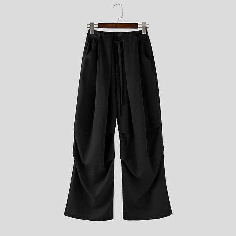 INCERUN Men Back Elastic Waist Ruffled Casual Long Wide Legs Pants with Pockets