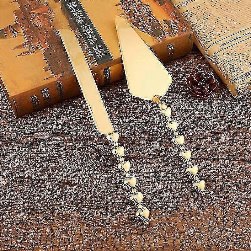 Couteau à gâteau à poignée en forme de cœur - Paquet de 2 pelles à gâteau dorées pour la cuisson et le service