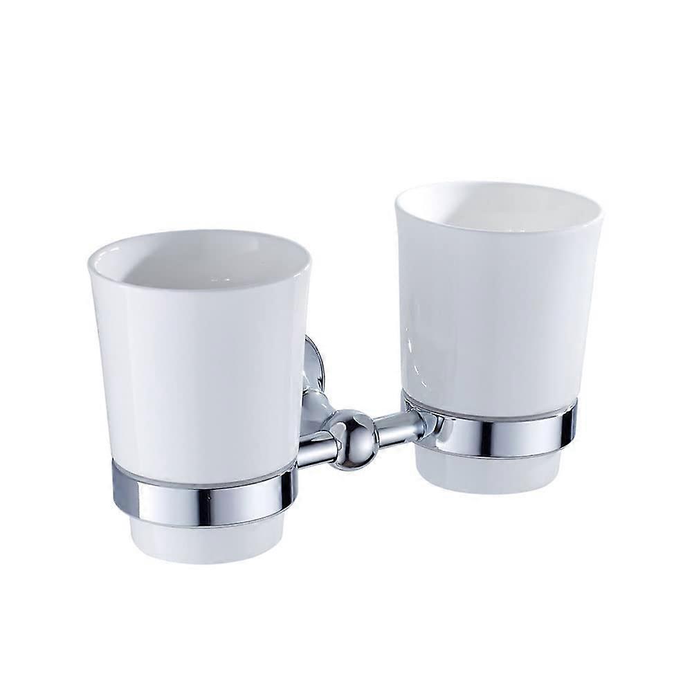 Wall Mounted Double Toothbrush Holder with 2 Ceramic Cups, Brass Toothpaste Organizer for Bathroom Storage, Silver