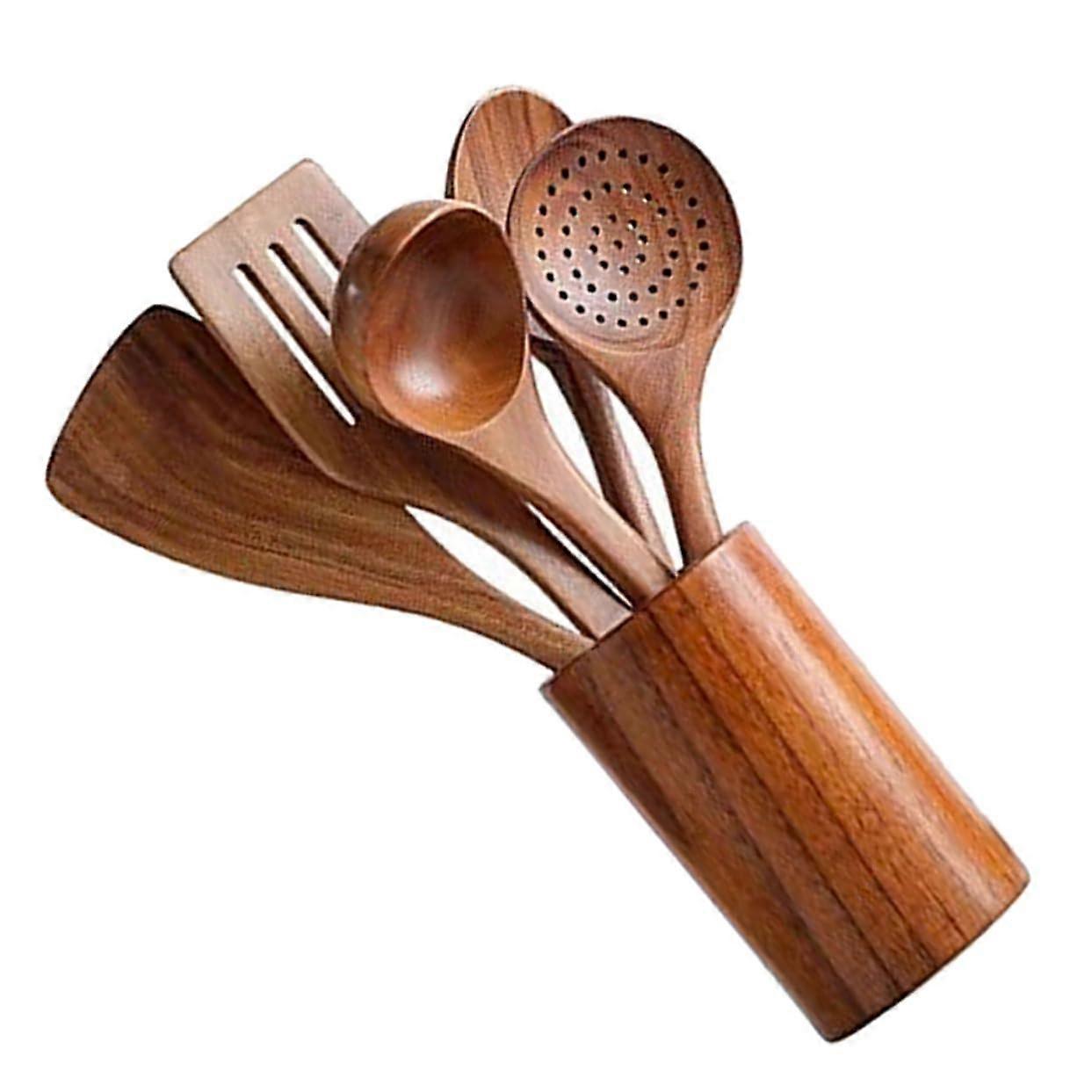 Wooden Cooking Utensil Set with Spatula and Slotted Scoop for Nonstick Cookware Kitchen Use