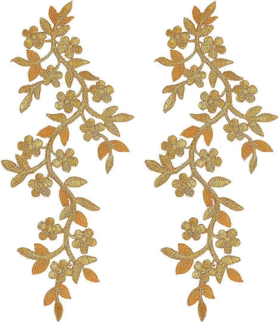 2Pcs Flower Vine with Leaf Iron on Patchs 267x106x1mm Gold Leaf Computerized Embroidery Cloth Sew on Patches Flower Vine with Leaf Emblem Sew On Patch