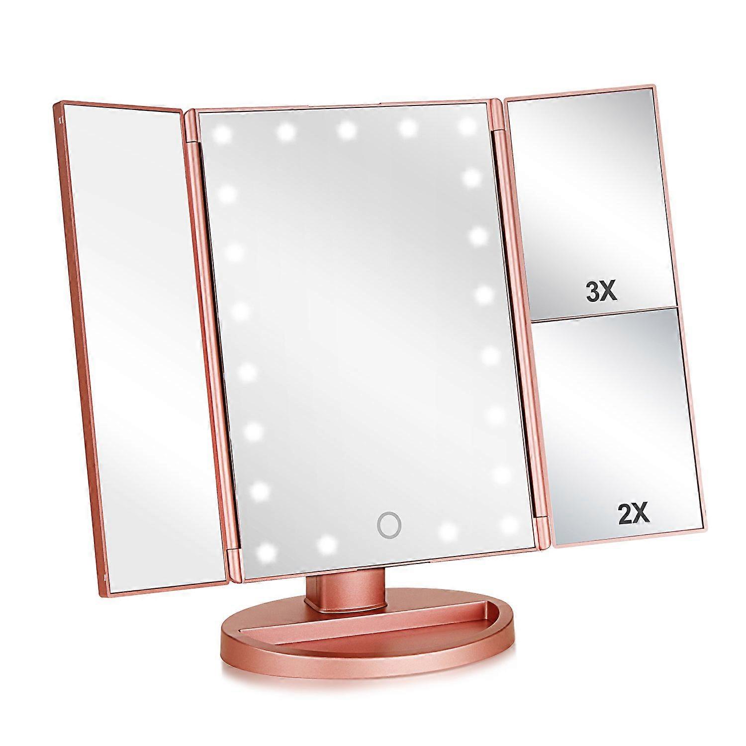 Trifold Lighted Vanity Mirror with 3X 2X Magnification, 21 LED Touch, 180° Rotation, Rose Gold
