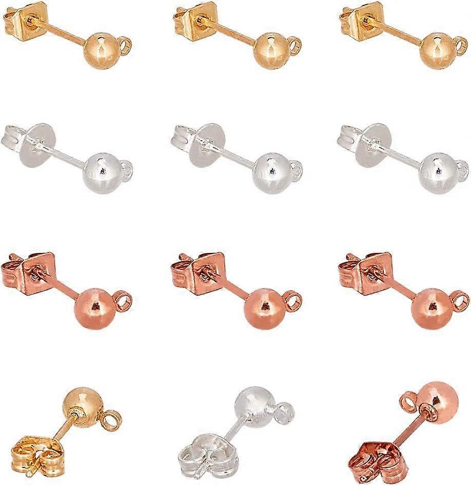 45 Pairs(90pcs) Ball Post Earring Studs 3 Colors Round Ball Ear Pin with Loop Brass Ear Pin Ball Post with Butterfly Earring Backs for Earring Making 